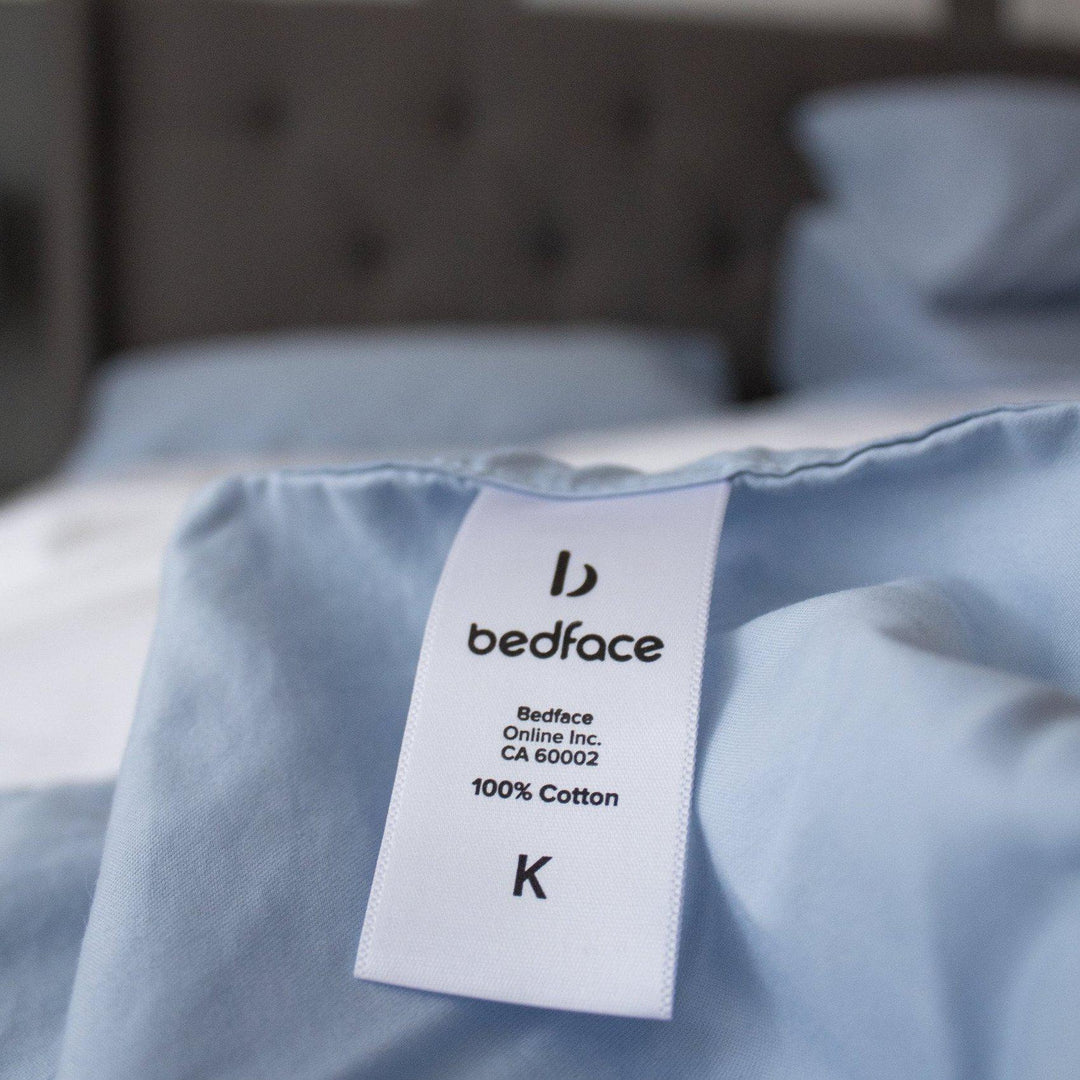 up close tag of bahama blue bedface sheeets