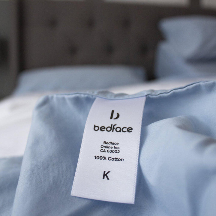 up close tag of bahama blue bedface sheeets